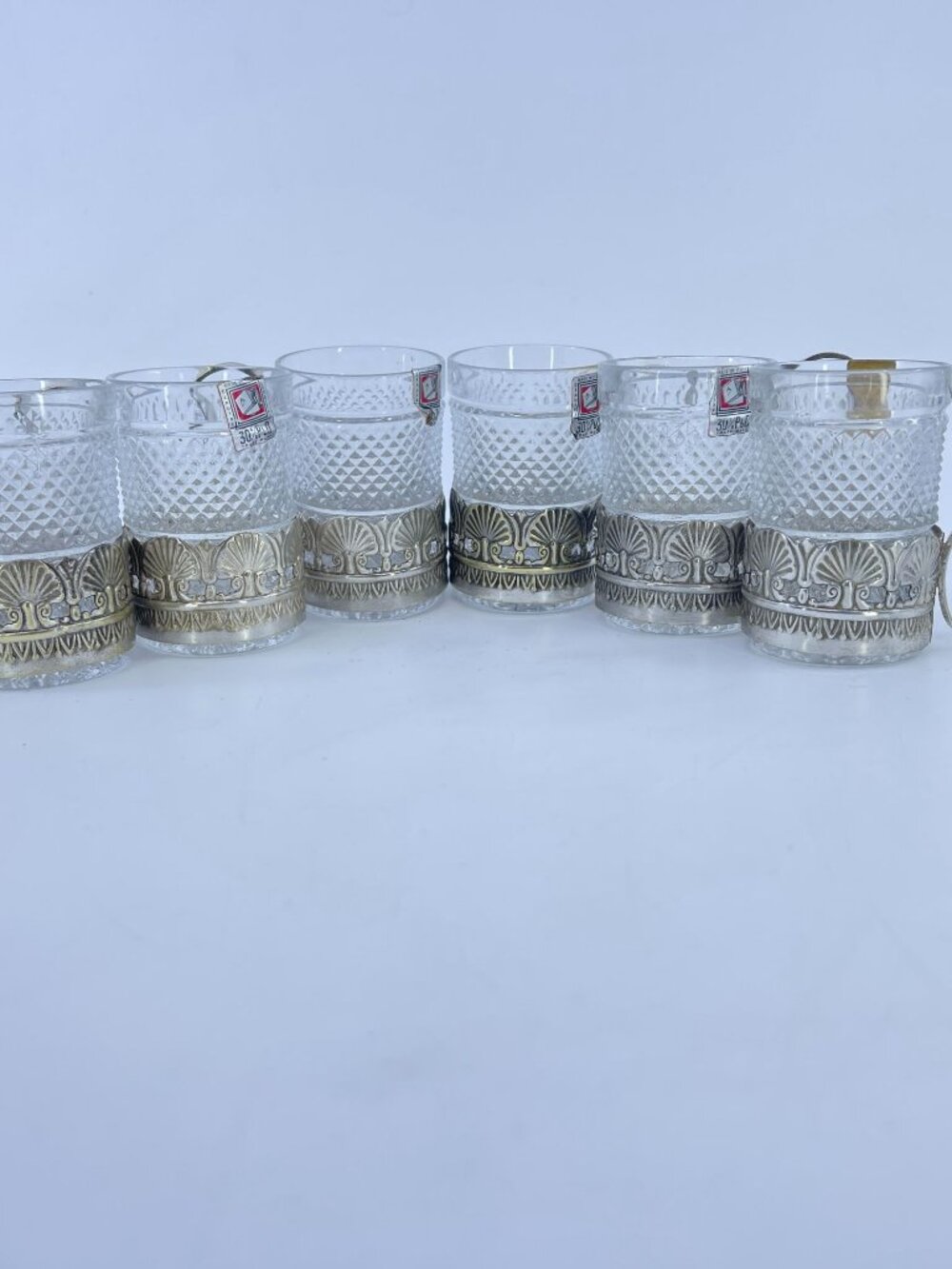 vintage zarf glasses ornate silver plated holders with crystal inserts set of 6